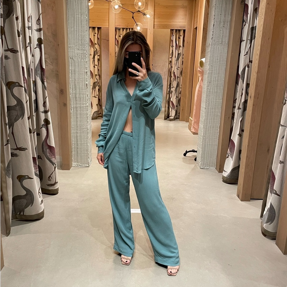 Babaton Teal Relaxed Shirt and Wide-Leg Pants Set
